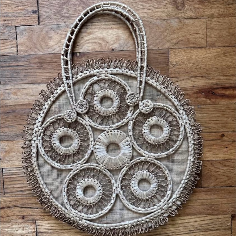 Boho Beige Woven Circle Tote Bag